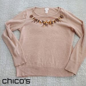Chico's Embellished Neckline Top, Size 0, Tan/Brown
